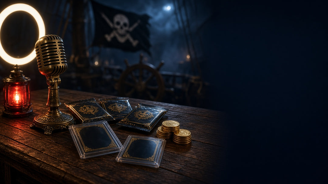 Micro de live, boosters et cartes sur une table de capitaine